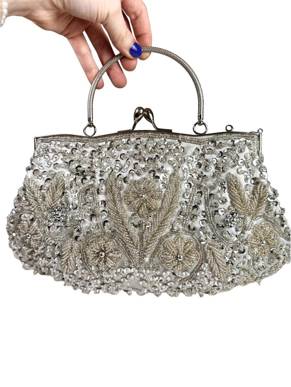 Vintage Silver Beaded Evening Bag Bridal Clutch Purse Rhinestone Handle